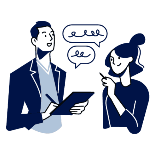 : Illustration of two people having a conversation. The man holds a tablet, wearing a jacket. Speech bubbles show curly lines, indicating dialogue.