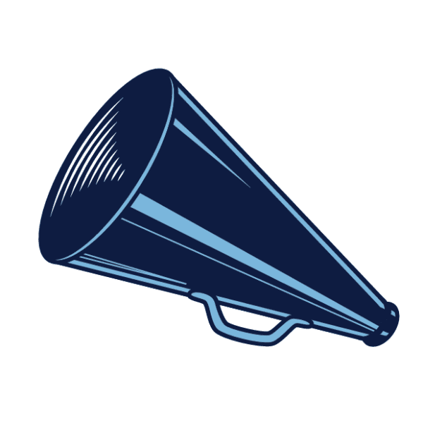 Illustration of a navy-blue megaphone facing left.