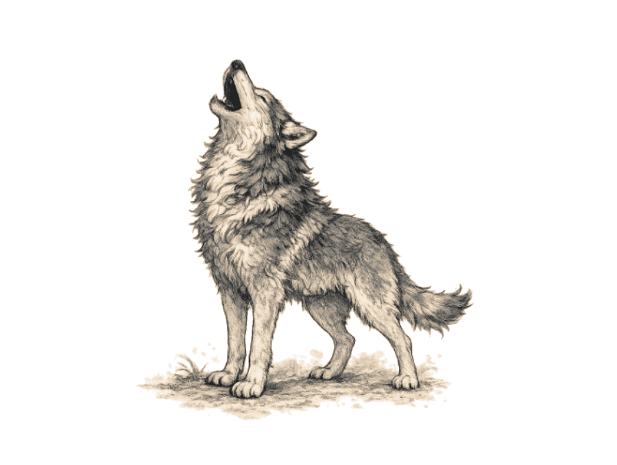 A detailed illustration of a gray wolf standing on a sandy ground with its head raised, howling. The wolf's fur appears soft and textured.