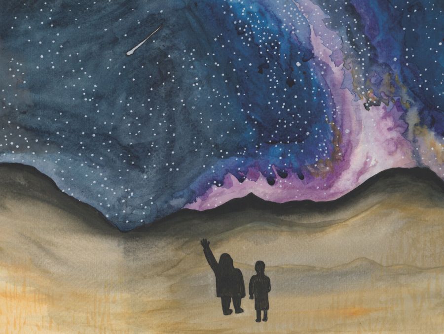 Watercolor illustration of two silhouetted figures stand on a sandy landscape, gazing at a vibrant, starry night sky with blue and purple hues.