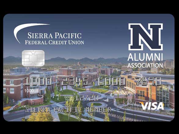 A Sierra Pacific credit union credit card with the University of Nevada, Reno campus as the background and the Nevada Alumni Association logo in the top right.