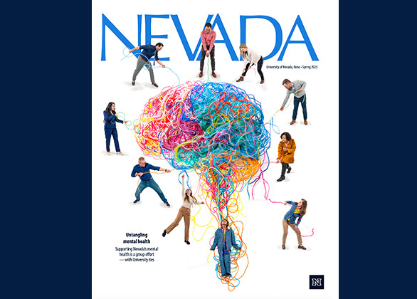 Magazine cover of the Spring 2025 issue showing different people around an image shaped like a brain.