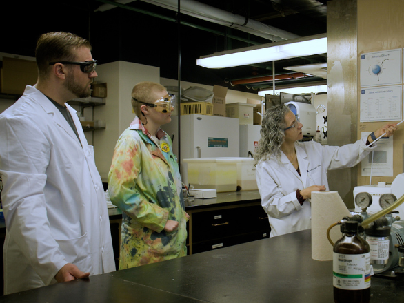 Professor talking with two students in the lab.