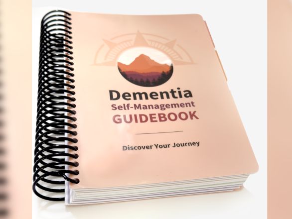 Cover of a guidebook on self-management for dementia, featuring a calming design and informative title.