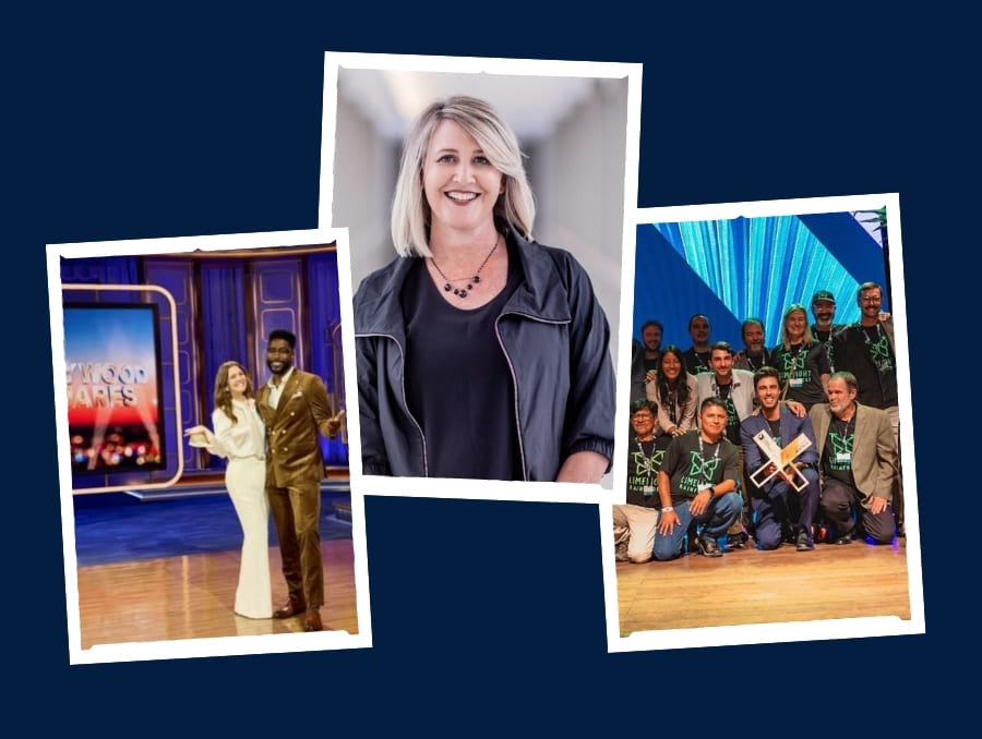 A photo collage with a photo of Nate Burleson and Drew Barrymore to the left, Tracy Ostrem in the middle, and University of Nevada, Reno students posing for a picture on the right.