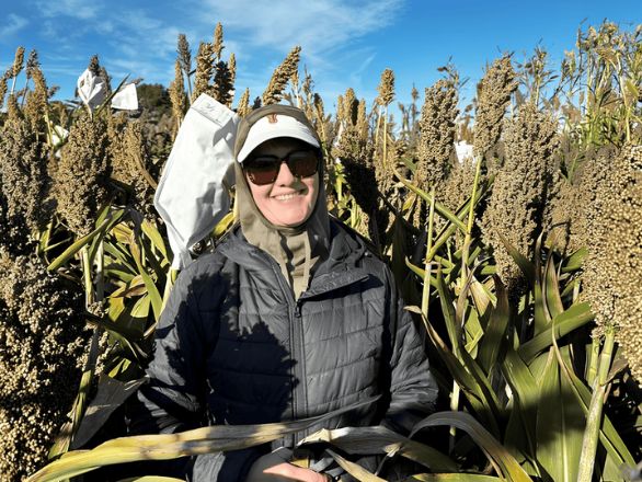 A person wearing sunglasses, a hood, and a cap, smiles while standing in a sunlit field with tall plants under a clear blue sky.