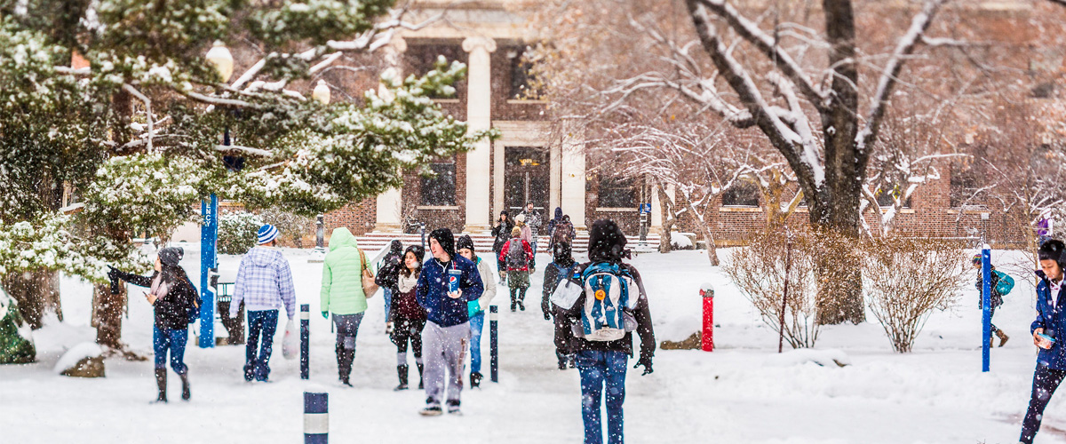 Students on campus during winter