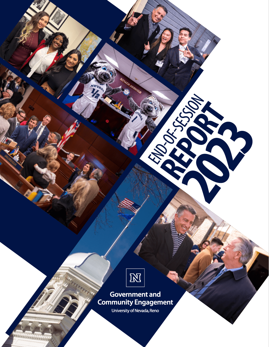 Decorative cover for the 2023 Legislative Session End-of-Session report featuring images of University personnel, mascots, government officials and participants.