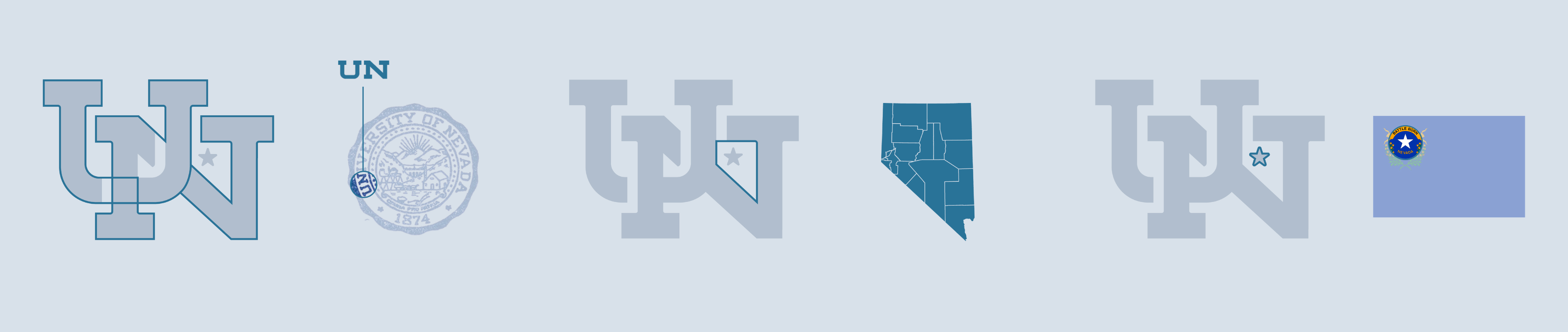 The University of Nevada's logo explained. Three images, the first shows the letters U and N taken from the University's medallion. The next shows the shape of the State of Nevada, found within the new interlocking logo. The final image is of the star from the Nevada state flag, found on the new interlocking logo where Reno appears in the state shape.
