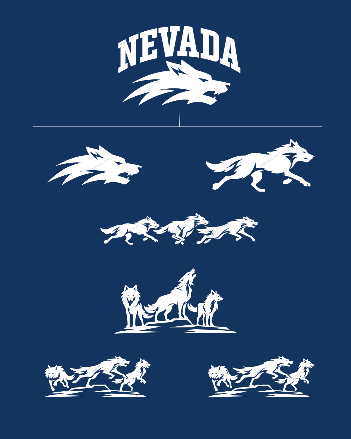 A visual hierarchy of the Nevada Spirit Marks starting with the Nevada Wolf Spirit Mark, a line to the Nevada Wolf Mark, next to it Alphie Mark, then the Regal Trio Running Mark, the Regal Trio leaping Mark, and the Regal Trio Standing Mark.