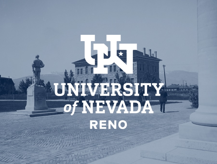 The University of Nevada flagship interlocked logo imposed on an historic image of the University's quad and Mackay statue.