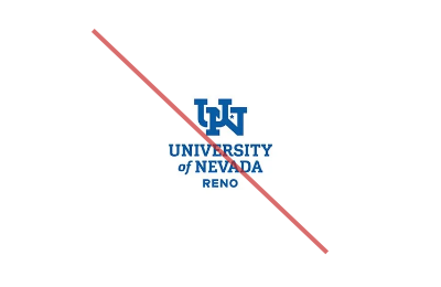 A University of Nevada, Reno logo in incorrect colors with a red line through the image.