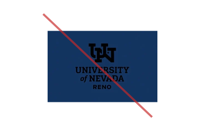 A black University of Nevada, Reno logo on a blue background. A red line is through the image.