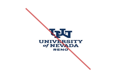 A distorted University of Nevada, Reno logo with incorrect stretching. A red line is through the image.