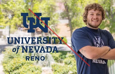 A University of Nevada, Reno logo next to a person standing with arms crossed in front of a tree. The image has a red line through it.