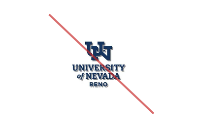 A University of Nevada, Reno logo with a drop shadow and a red line through it.