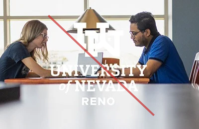 A University of Nevada, Reno logo over a a light background featuring two people sitting face to face and a red line over the image.