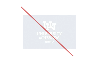 A white University of Nevada, Reno logo on a silver background. The image has a red line through it.