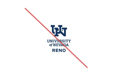 A University of Nevada, Reno incorrectly formatted with a misplaced Reno wordmark. A red line is through the image.