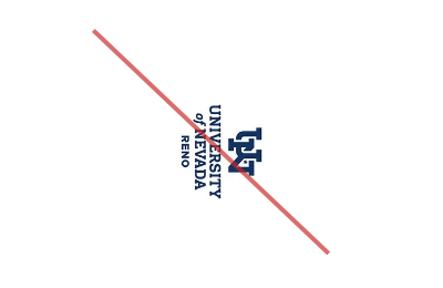 A University of Nevada, Reno logo rotated vertically incorrectly with a red line through the image.