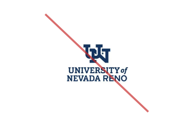 A University of Nevada, Reno logo with the name in two lines with a red line through it.