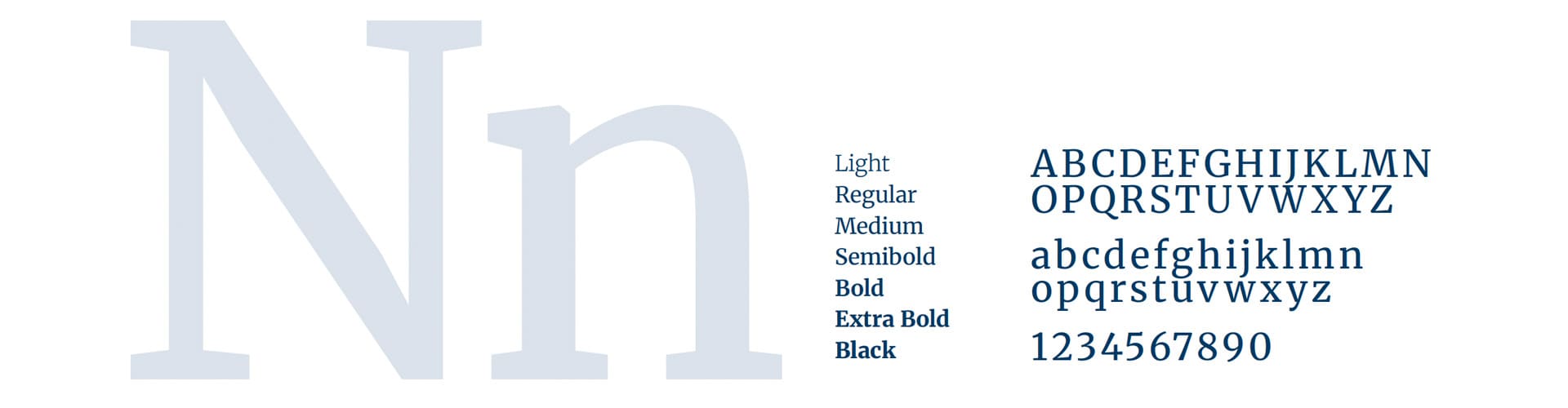 Merriweather font specimen graphic formatted in three horizontal zones: an oversized decorative 'Nn' glyph in light silver-gray on the left, a centered vertical column listing seven font weights from Light to Black with increasing visual thickness, and a right-aligned specimen block showcasing the full A-Z character set in uppercase and lowercase above numerals 1234567890 in dark navy serif lettering.