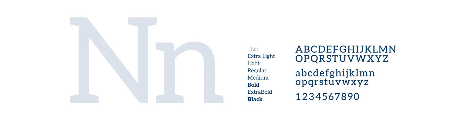 Aleo brand typeface specimen banner divided into three sections: an oversized display of uppercase and lowercase 'Nn' in soft Nevada Silver showcasing slab-serif terminals on the left; a vertical center list of eight available weights ranging from Thin to Black; and a right-hand block displaying full uppercase A through Z, lowercase a through z, and numbers 1234567890 in bold navy text.