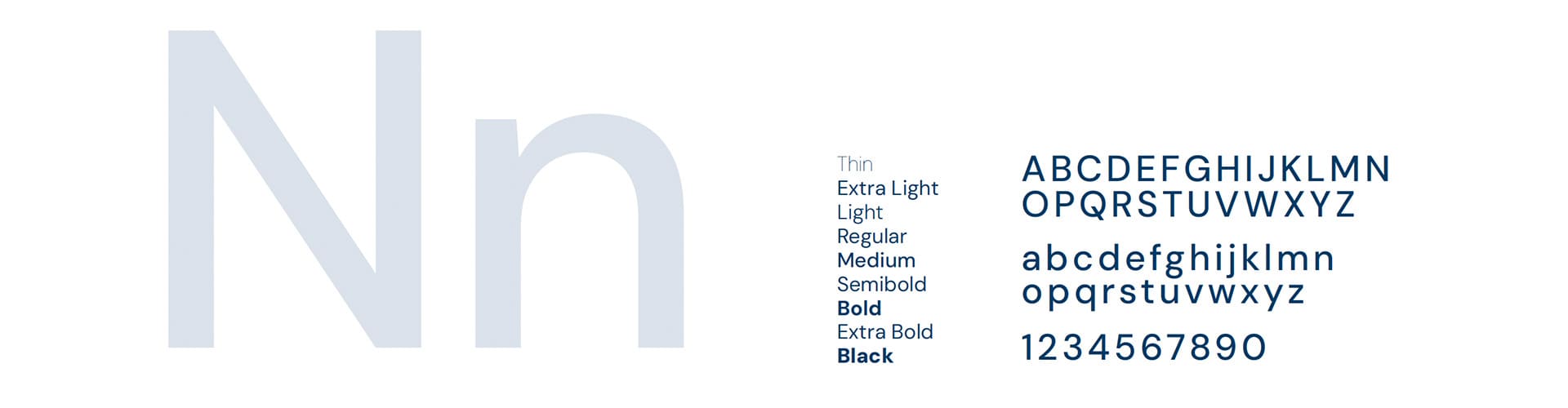 DM Sans typeface specimen display showing three horizontal sections: a prominent, light silver 'Nn' letterform on the left illustrating the clean geometric sans-serif anatomy; a middle column listing nine progressive font weights from Thin to Black; and a right-hand block showing the complete uppercase and lowercase Latin alphabets alongside digits 0 through 9 in dark navy.