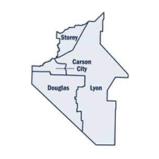 Map of northern Nevada highlighting Storey, Carson City, Douglas, and Lyon counties.