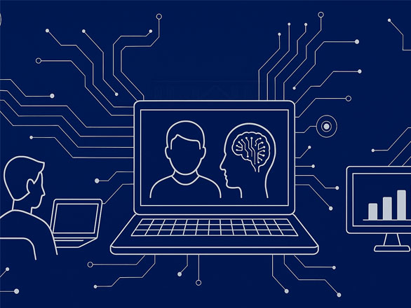 llustration on a dark blue background showing a person using a laptop, connected by circuit-like lines to a large central laptop screen displaying an avatar and a human head with a brain diagram. A desktop monitor with a bar graph appears on the right, symbolizing AI as a teaching partner.