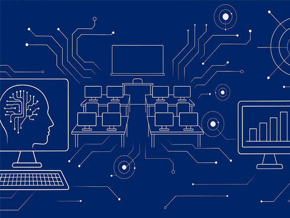 Illustration on a dark blue background showing a computer monitor with a human head and circuit brain graphic on the left, a classroom with desks and desktop computers in the center, and a monitor displaying a bar graph on the right. Circuit-like lines connect the elements, symbolizing AI integration into classroom learning.