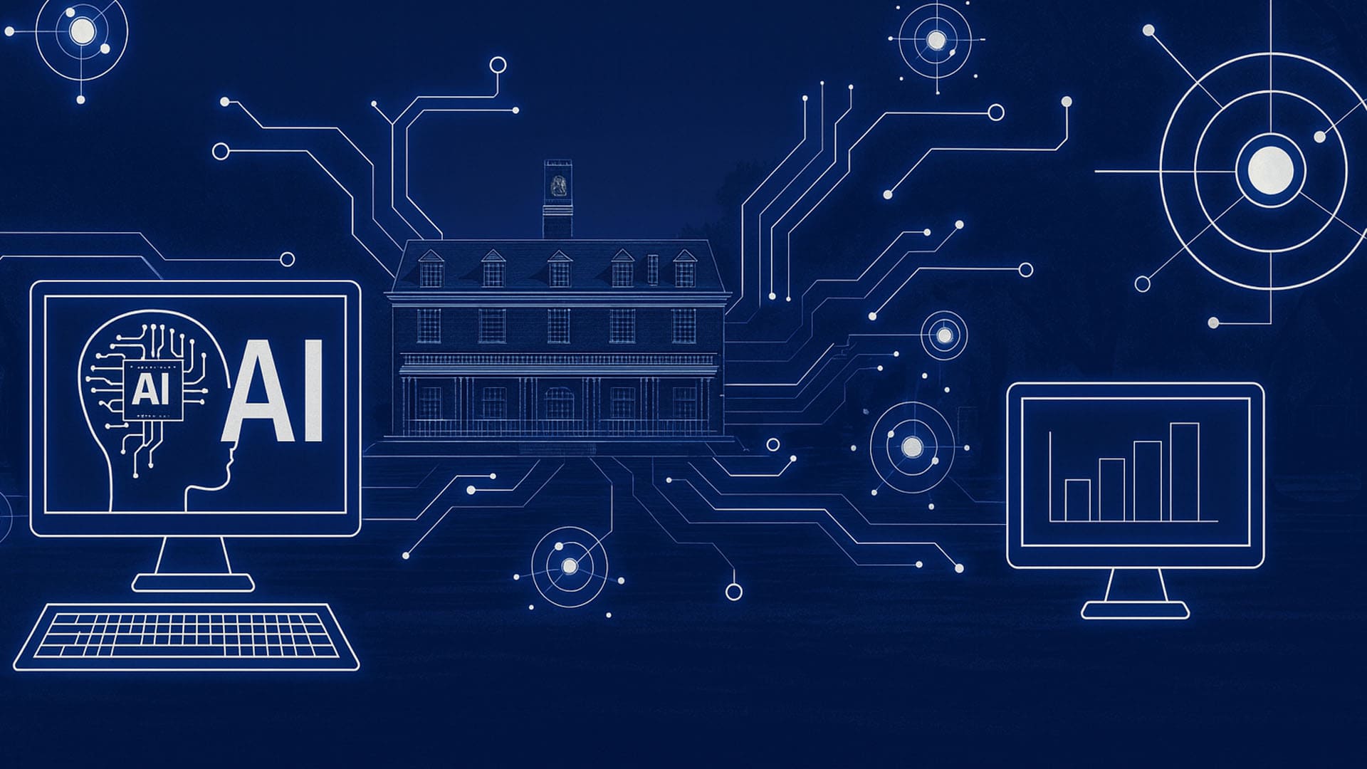 A digitally enhanced university quad scene in deep navy blue, featuring a wireframe outline of a campus building surrounded by futuristic circuit patterns, glowing nodes, and white computer screen graphics displaying AI icons and data charts.