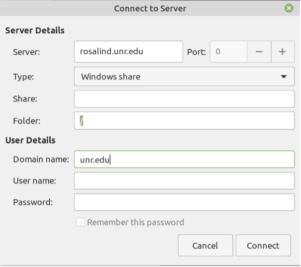 Screenshot of Connect to Server interface with Server Details and Server written in with 