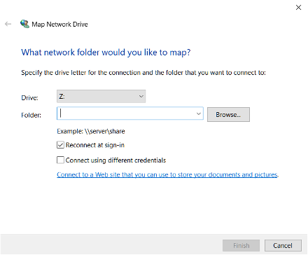 A screenshot of the Map Network Drive interface, described in the caption below.
