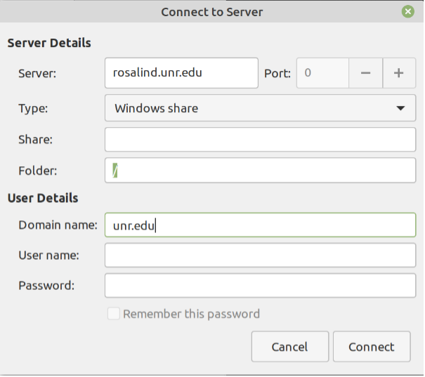 A screenshot of the Linux file manager's Connect to Server interface, described in the caption below.