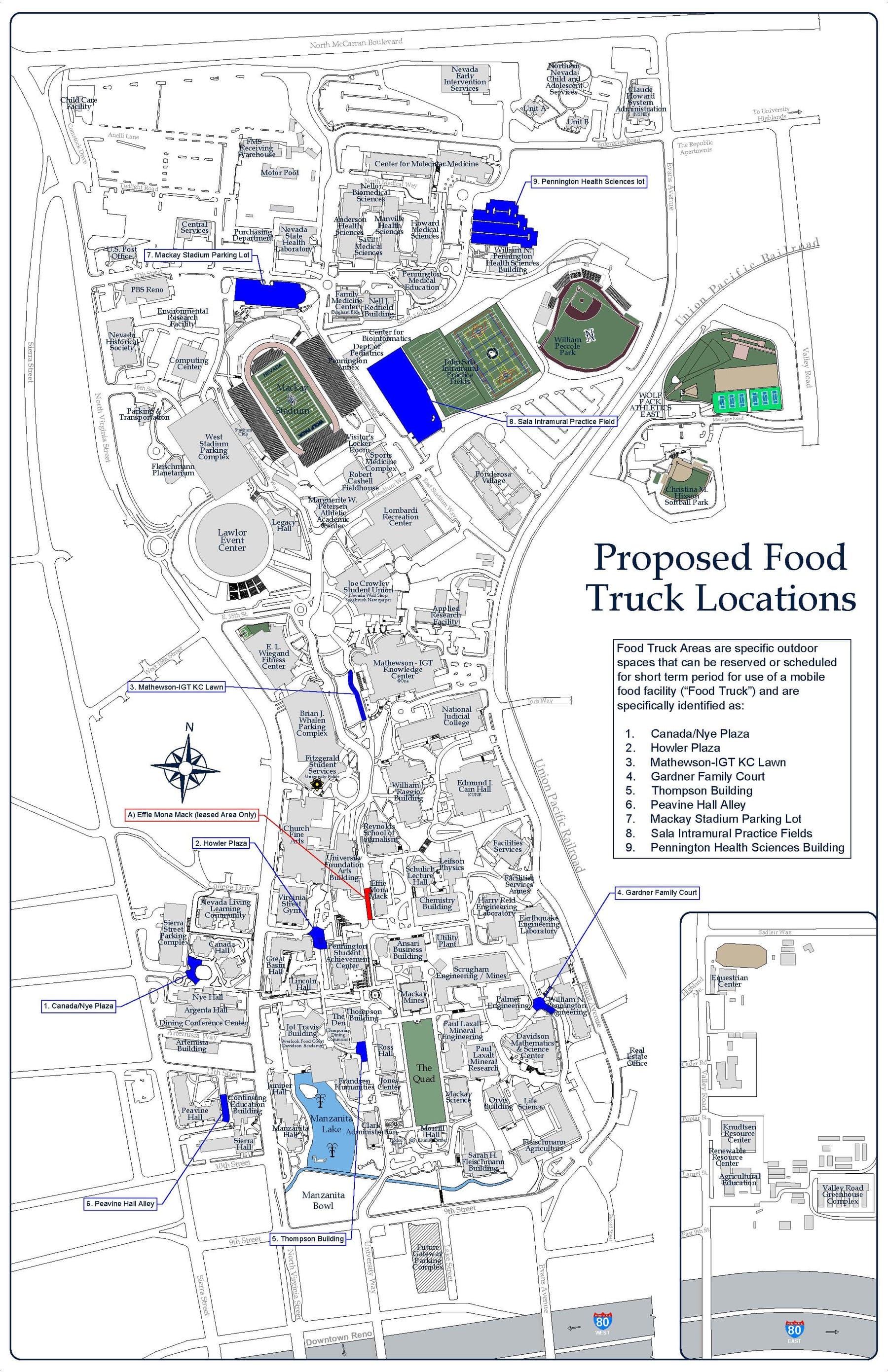 Map of approved locations for food trucks on campus