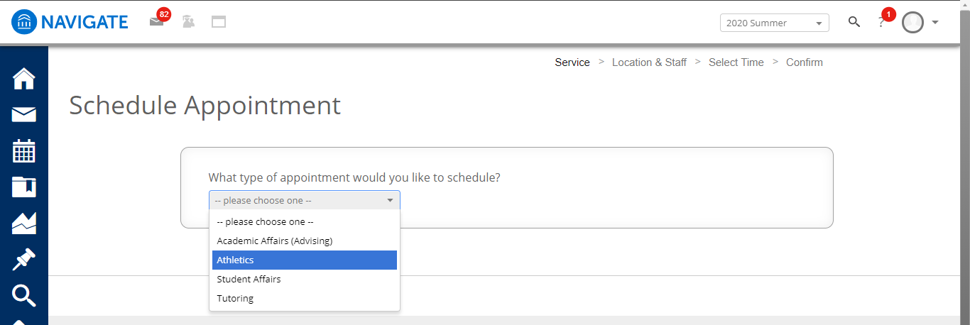 Image of Navigate schedule appointment dashboard with a drop-down menu options, including Academic Affiars, Athletics, Student Affairs and Tutoring