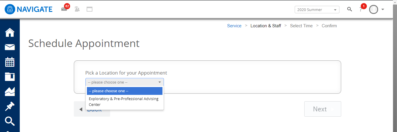 Screenshot of Navigate student dashboard with "Pick a Location" drop down open and "please choose one" option highlighted.