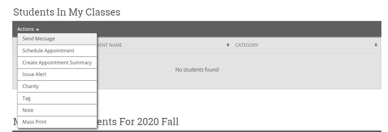 Screenshot of the Students in My Classes section of Navigate, showing a drop-down menu to issue an alert