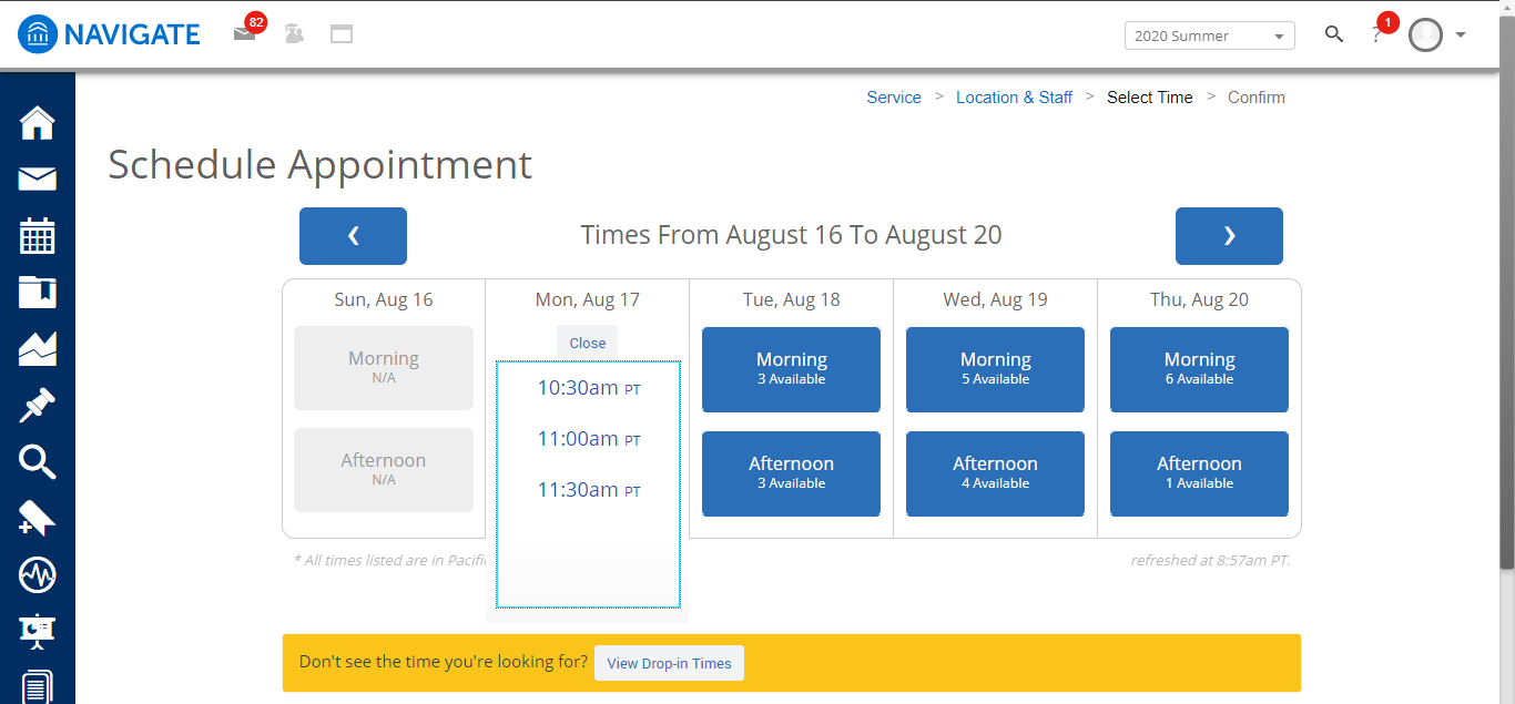 Screenshot of the date and time calendar in Navigate dashboard including options to cycle through dates and choose walk-in times