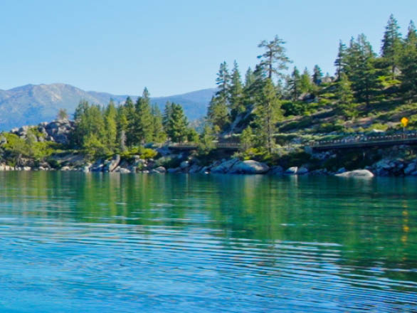 A view of the shoreline of Lake Tahoe from a boat.