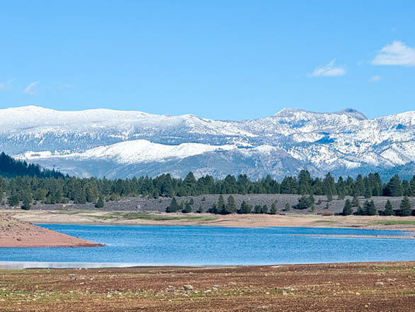 A scenic view of a snowy mountain with a dry pond in the foreground.