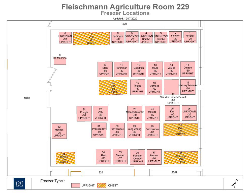 A map of the FA229 freezer room, described in detail below