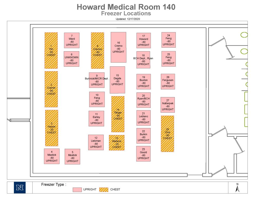 A map of the HMS140 freezer room, described in detail below