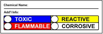 An example of a chemical warning label, with fields in which to note the chemical name and information.