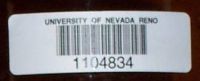 Barcode label with "University of Nevada, Reno" above barcode and number below barcode