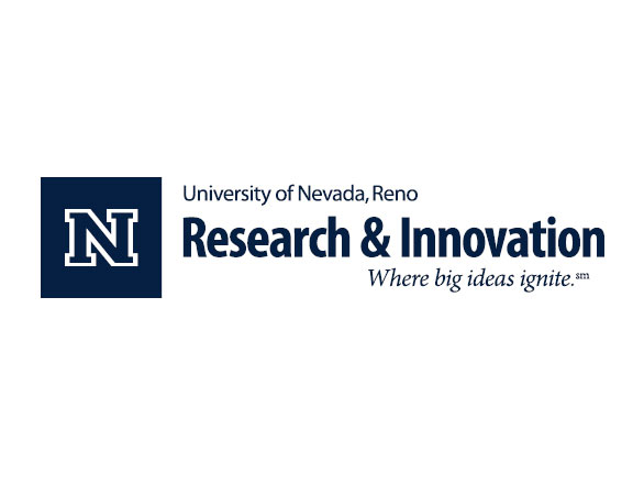 Horizontal layout of division logo with the Block N, University of Nevada, Reno, Research & Innovation and the tagline: Where big ideas ignite.