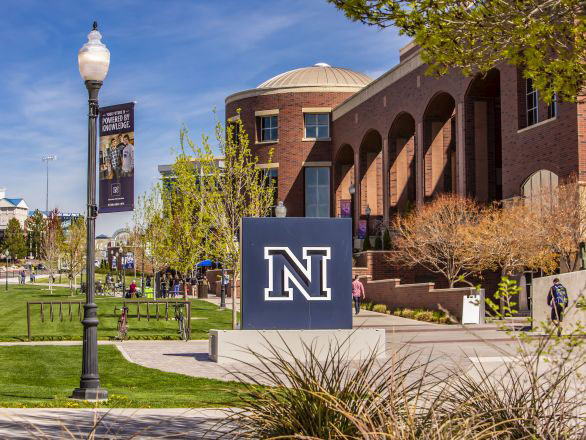View of the central area of the University of Nevada, Reno campus with the Block N sign