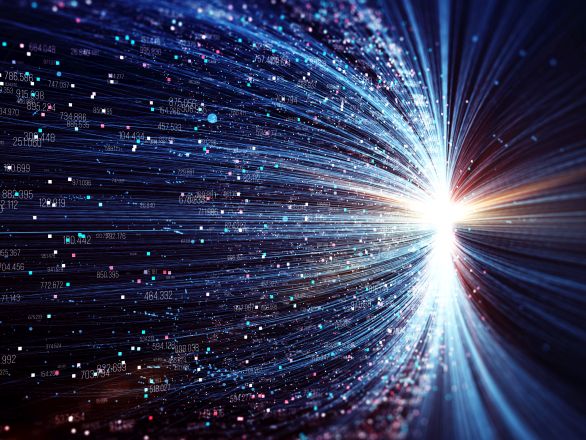 Digital illustration representing data science with a burst of light and curving light rays among random numbers.