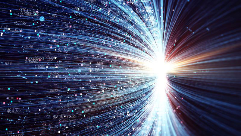 Digital illustration representing data science with a burst of light and curving light rays among random numbers.